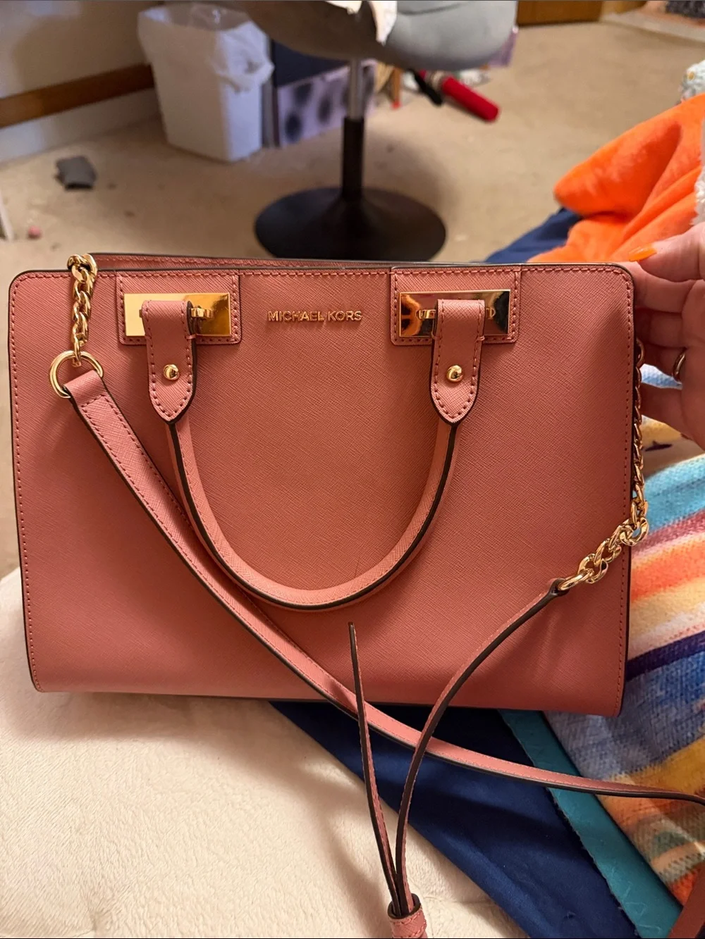 Michael Kors Rose Pink Saffiano Leather Satchel with Gold Hardware